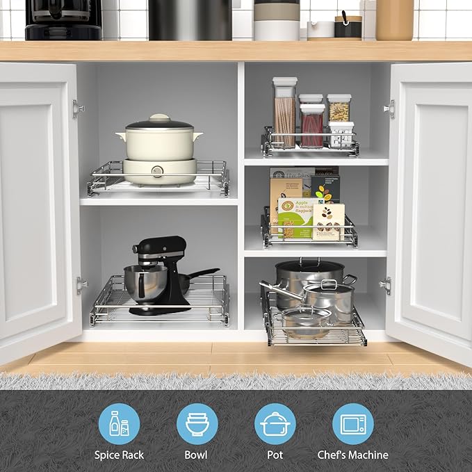 ZOINLIY Pull Out Cabinet Organizer, Versatile Slide Out Kitchen Organizers and Storage,Heavy Duty Drawer Cupboard Storage Basket, Smooth Sliding, Chrome Finish,20.8" W x 21" D