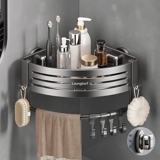 Corner Shower Caddy Suction Cup – Rustproof Aluminum Triangle Shelf with Hooks & Towel Bar, Laungborf No-Drill Wall Storage for Bathroom Kitchen Laundry (Matte Gray, 1 Pack)