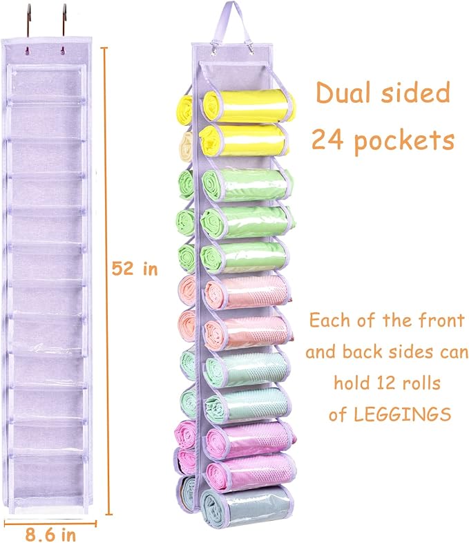 Legging Storage Bag Storage Hanger Can Holds 24 Leggings or Shirts Jeans Compartment Storage Hanger, Foldable Leggings Organizer Clothes Portable Closets Roll Holder (Light Purple)