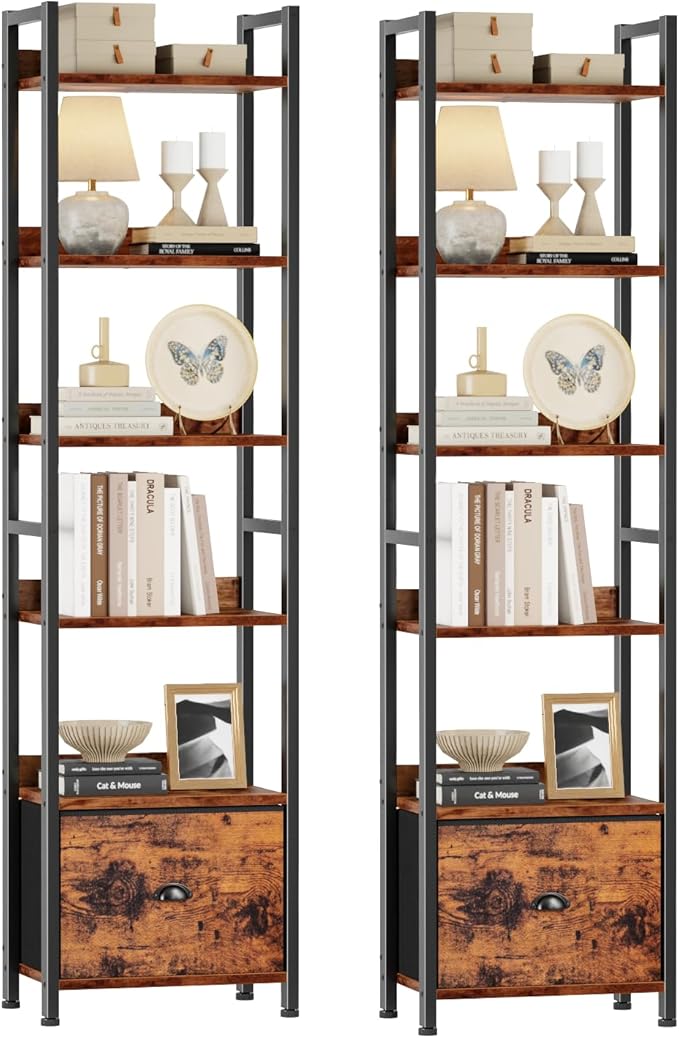 Book Shelf Set of 2, 6 Tier Tall Shelf with Drawer, Rustic Brown