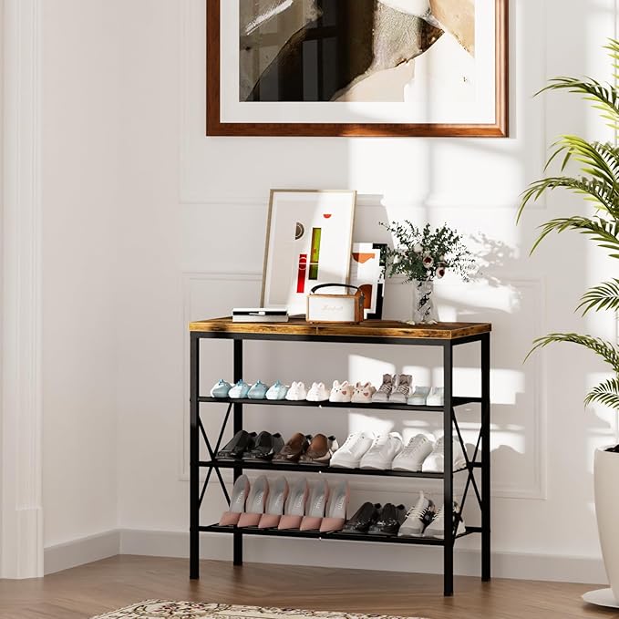 4-Tier Tall Shoe Rack, Large Capacity Shoe Shelf Holds 16 Pairs, Shoe Shelf for Entryway, Hallway, Living Room, Rustic Brown