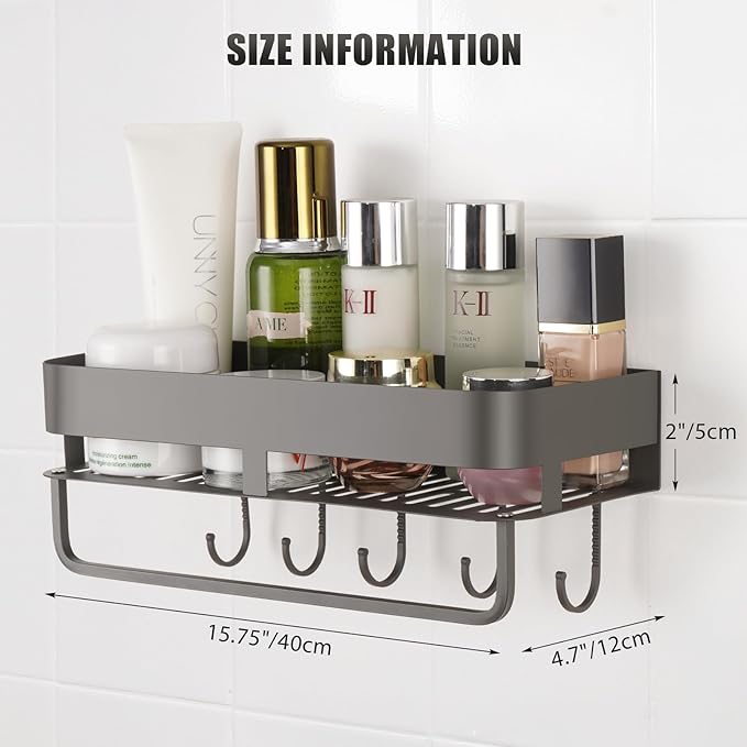 Extended version Adhesive Shower Caddy, 15.7 inch Stainless Steel Shower Shelves for Inside Shower with Hooks & Towel Bar-No Drilling(Gun Gray)