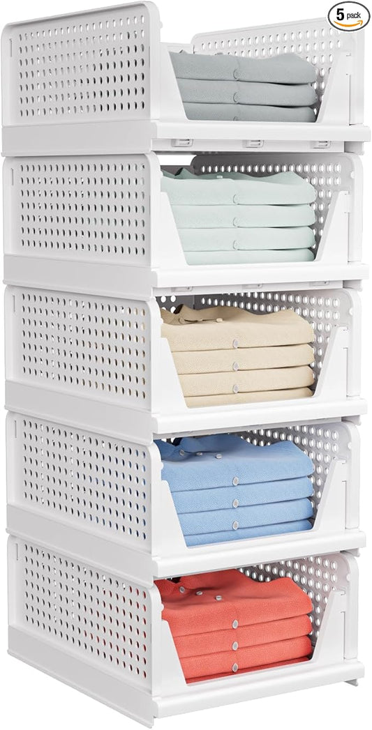 5 Pack Stackable Closet Storage Basket, Stackable Storage Bins