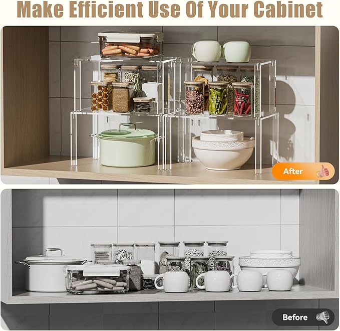 YUNEASELF Clear Cabinet Organizer: Acrylic Shelf Riser Set of 4 for Kitchen Pantry Organizers and Storage - Countertop Spice Rack for Cabinet - Stackable Display Shelf Decor for Gift