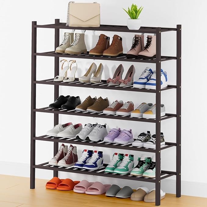 Smiry Long Bamboo Shoe Rack, 6 Tier Free Standing Wooden Shoe Organizer, Stackable Wood Shoe Storage Shelf for Closet, Entryway, 14 Vertical Slats, 2+2+2 Stack Thicker Legs, 33.7"x11"x39", Brown