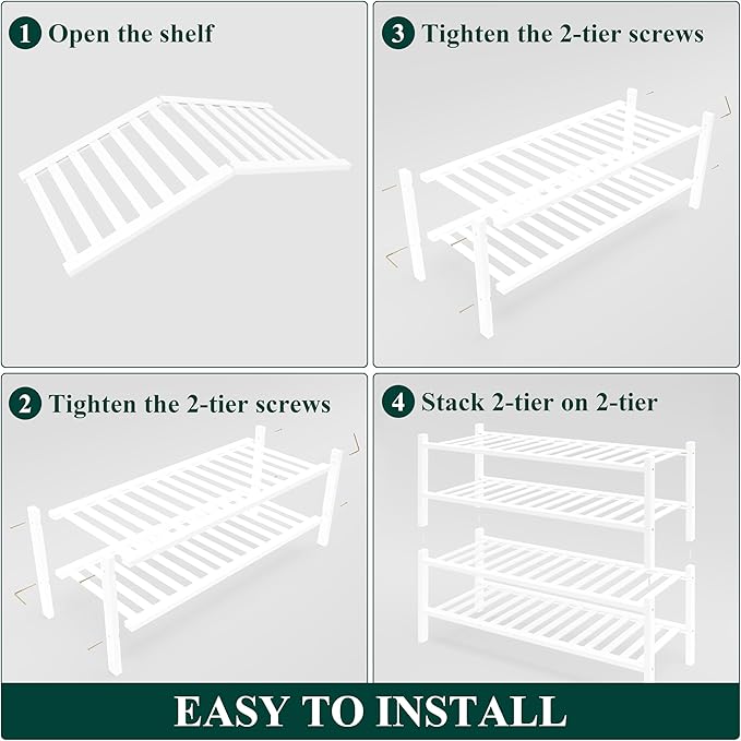 Smiry Bamboo Shoe Rack for Closet, 4 Tier Wooden Shoe Organizer, Stackable Wood Shoe Storage Shelf for Entryway, 14 Vertical Slats, 2+2 Stack Heavy-Duty Legs, 26.77"x11.02"x25.98", White