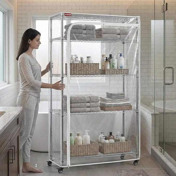 Clear PVC Wire Shelf Cover, 30" W x 14" D x 62" H, 3-Way Opening with Two-Way Zippers, Waterproof See-Through Rack Cover for Pantry & Bathroom, Laundry Room, Kitchen & Garage