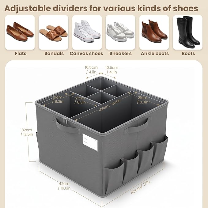 Varhomax Foldable Shoe Organizer Box, Fabric Storage Bin with Clear Cover & Adjustable Dividers, Holds up 16-32 Pairs of Sneakers & Sandals for Closet, Entryway (Gray)