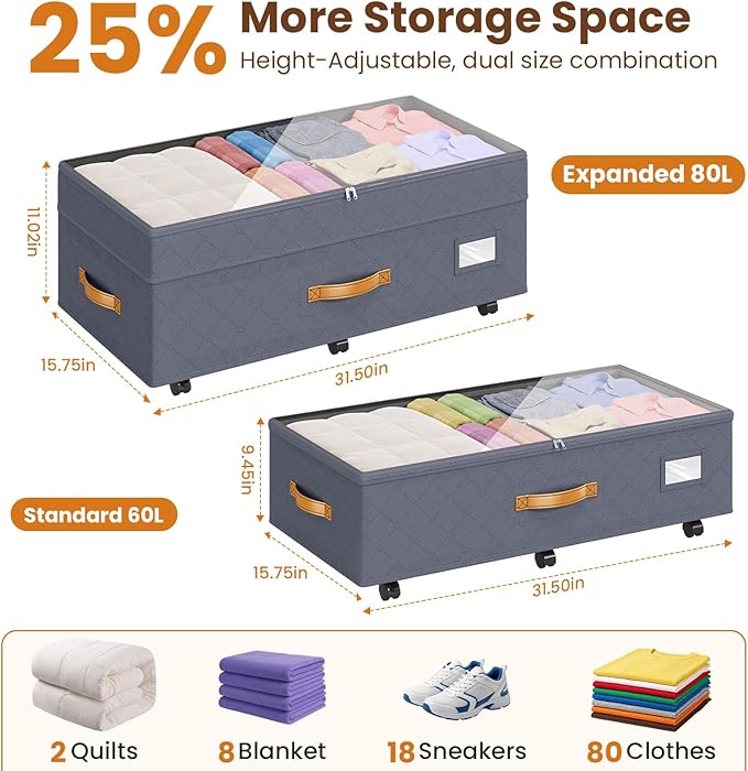 Budding Joy Under Bed Storage with Wheels 2Pack, Grey