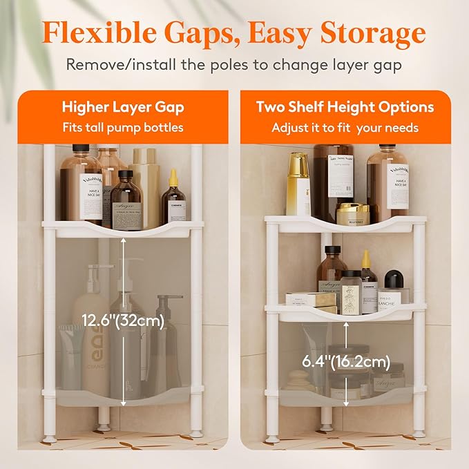 Lifewit Floor Standing Shower Caddy Corner, 3 Tier Plastic Shower Stand Rack with Adjustable Feet and Hooks, Rustproof Bathroom Shelf Organizer, White, 34 x 24 x 75 cm/13 x 9.5 x 29.5 inch