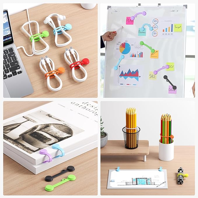 Tounee Reusable Silicone Magnetic Cable Ties - 2 Sizes Combo (4pcs 2.56'' + 20pcs 7.16'') - Multi-Purpose for Cable Bundling, Organizing, Bookmarks & Fridge Magnets - Assorted Colors, Pack of 24