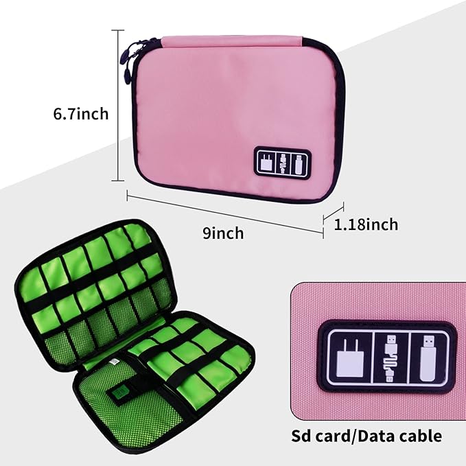 Lcsmaokin Electronics Travel Organizer,Portable Waterproof Electronic Travel Storage Bag for Small Charging Cord Storage,Charger,SD Card etc,for Travel,Business -Pink Green