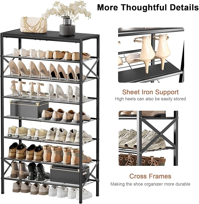 8-Tier Tall Shoe Rack Organizer Shoe Storage for Entryway 24-32 Pairs Metal Shoe Rack for Closet Heavy-Duty Shoe Rack with Wooden Top Shelf for Garage Black