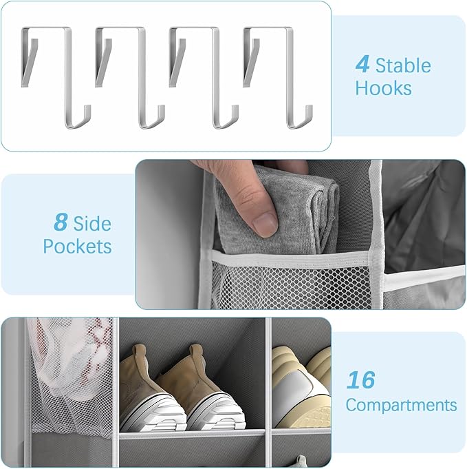 Yecaye 16-24 Pairs Over the Door Shoe Organizer, Large Capacity Hanging Shoe Rack for Door Hanger with Deep Pockets, 8 Tier Shoe Holder for Sneakers Boots Heels College Dorm Essentials, Grey