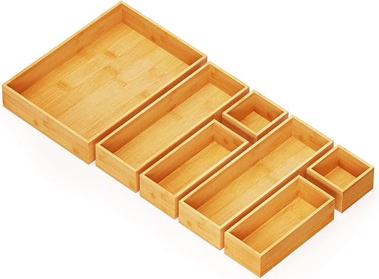 7-Piece Bamboo Drawer Organizer Storage Boxes Set, 7 Pack, Natural