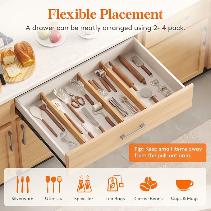 2.4" High 8 Pack Bamboo Drawer Dividers 45-55cm/17.5-22" Adjustable Wooden