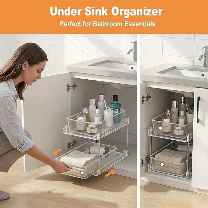 2 Pack Bathroom Organizer,2 Tier Clear Under Sink Organizers Vanity Countertop Storage Container,Cabinet Drawers Bins, Pull-Out Organization with Track for Pantry, Kitchen