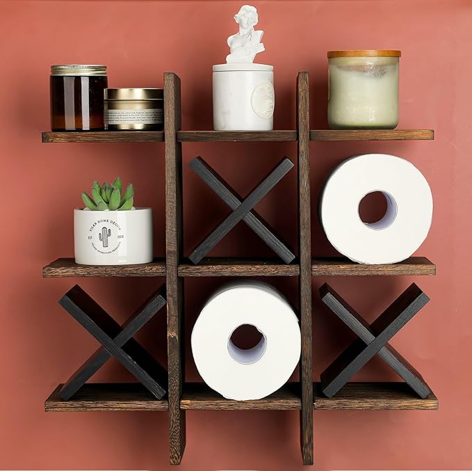 Weysat Tic Tac Toe Toilet Paper Holder Stand Bathroom Wall Decor Rustic Wooden Hanging Storage Freestanding Wall Mounted Shelves Decor for Toilet Tissue Farmhouse