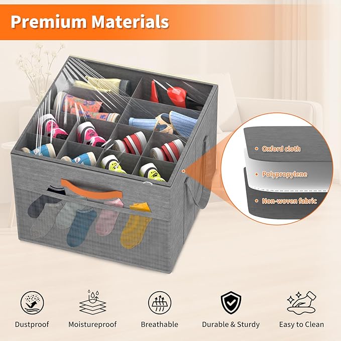 Aokeyee 2 Pack Shoe Organizer for Closet, Foldable Shoe Storage Organizer Box w/Clear Cover and 4 Reinforced Handles, Space Saving Shoes Bin Fits up to 32 Pairs, Grey