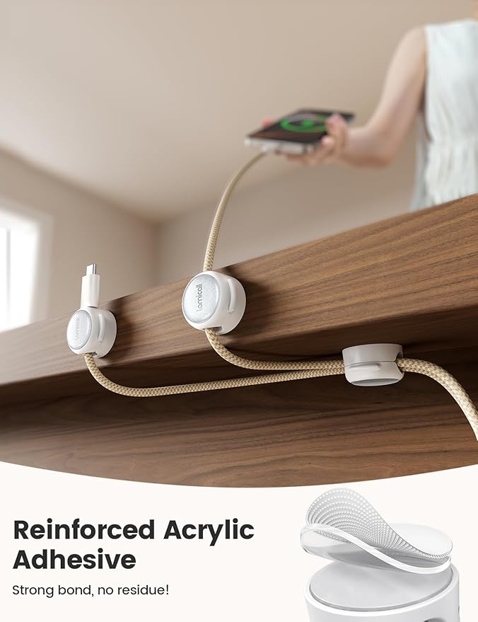 Lamicall 8 Pack Magnetic Cable Clips Cord Organizer - [Crystal-Clear & Silver Shine] Aesthetic Strong Adhesive Phone Charger Cable Management Clips for Nightstand, Home Office Desk Desktop Accessories