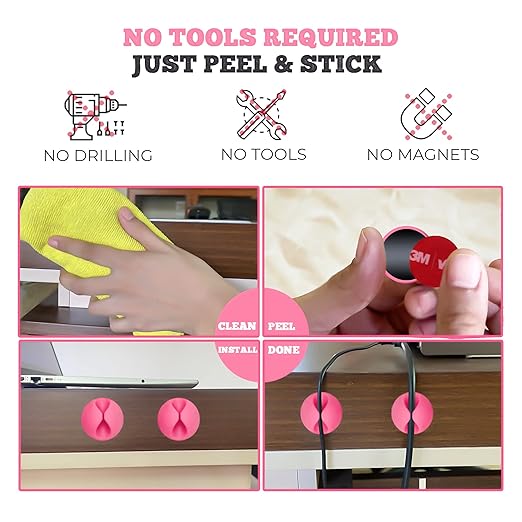 PERFORMORE 16 Pack of Cable Clips Cord Organizer, Pink Self-Adhesive Cord Holders for Cable Management, Multipurpose Wire Charger Organizer Clips for Home, Office, Car, and Desks