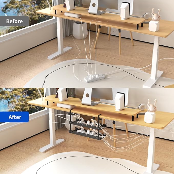 Under Desk Cable Management Raceway Clamp 2 Hole 31 Inch No Drill Cord Organizer for Standing Desk Sturdy Metal Office Desk Wire Management - No Damage to Table