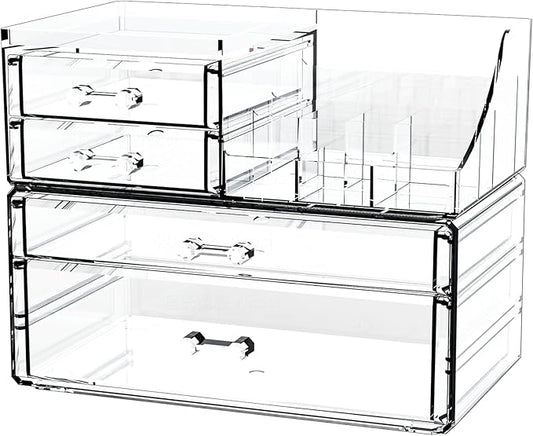 Small Make up Organizers and Storage with 4 Drawers, Clear Skincare Organizers