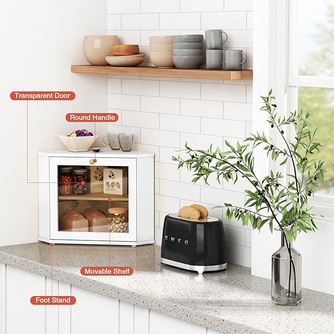 White Corner Bread Box for Kitchen Countertop