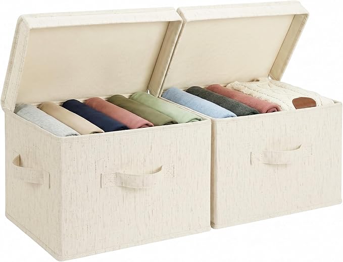 StorageWorks Fabric Storage Bins with Lid, Decorative Storage Boxes for Shelves, Stackable Closet Organizer Basket with Handles, Medium, Beige, 2-Pack