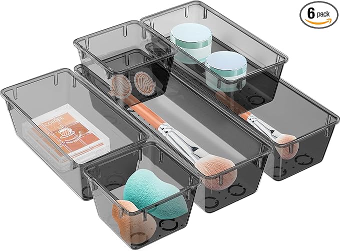 6 Pack Clear Drawer Organizer Set, Acrylic Drawer Storage Trays, Black