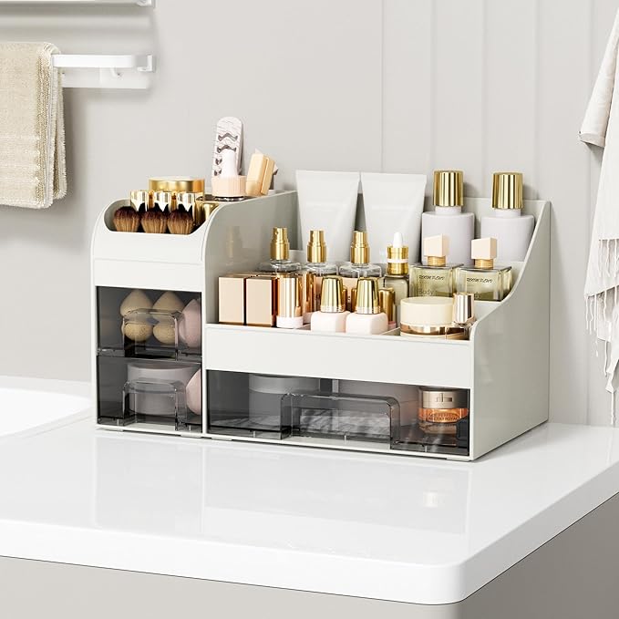 Makeup Organizer with Drawers, Large Cosmetic Storage Box, White transparent