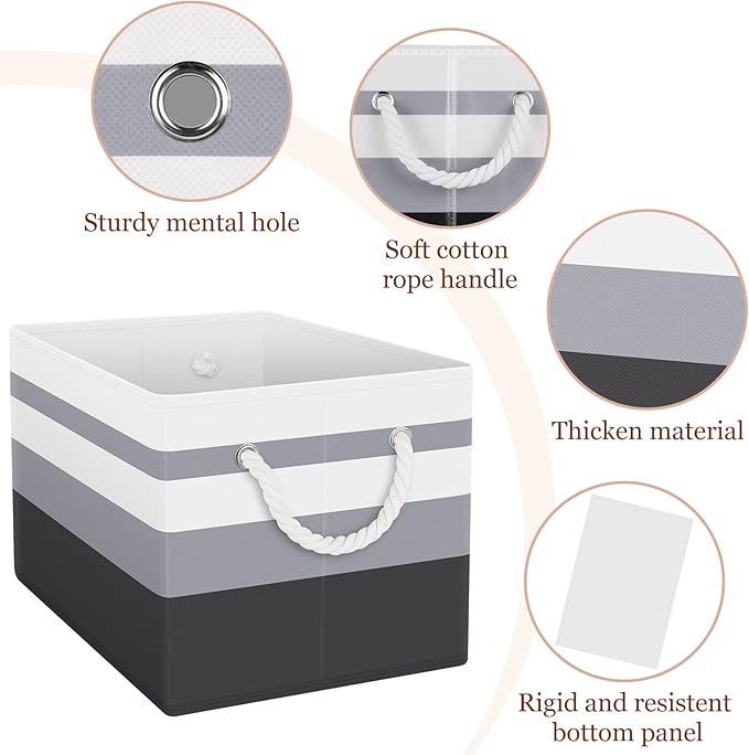 Fab totes Storage Bins 8-Pack, Foldable Storage Baskets for Organizing Toys, Books, Shelves, Closet, Large Storage Box with Rope Handles, Sturdy Organizer Bins,Gradient Grey