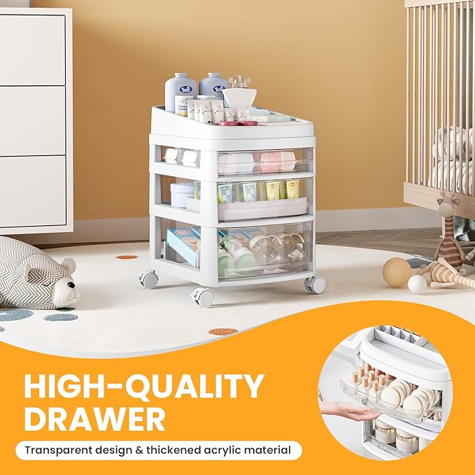 Rolling Cart with 3 Drawers, Clear Plastic Drawer Organizers, Dust Proof Under Desk Storage for Makeup, Skincare, Art Crafts and Baby Items, Acrylic Cosmetic Organizer with Dividers, Vanity Cart