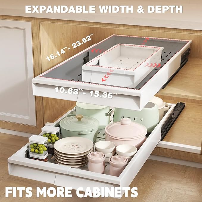 Seinloes Pull Out Cabinet Organizer, 4-Side Expandable to Fit Most Cabinets, 3 Rail Slide Out Drawers with Raising Pad for Framed & Frameless Cabinets, 11"-16" W x 17"-24" D, White, 2 Pack