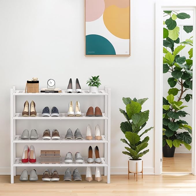Haddockway 4 Tier Bamboo Shoe Rack Storage Organizer, Multifunctional Free Standing Stackable Shoe Shelf with Grid Panel for Closet,Hallway,Entryway,Small Space 27"x11"x26"