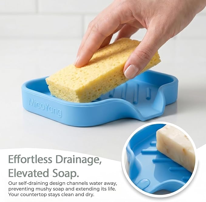 MicoYang Silicone Soap Dish with Drain Spout — Self-Draining Sink Organizer Tray for Bathroom & Kitchen, Holds Bar Soap, Sponges & Dispensers, Non-Slip & Dishwasher Safe, Light Blue (Small, 4.9"×3.2")