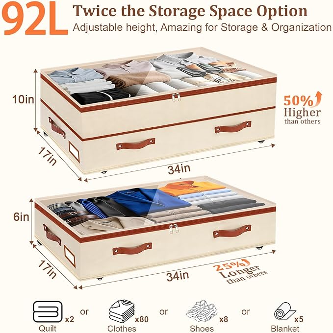 Dolicer 2 Pack Under Bed Storage with Wheels, 6in-10in Height Adjustable Underbed Storage Containers, 92L XXXL Under Bed Drawers Rolling Bin with Clear Lids for Dorm Shoes Clothes Organizers(Beige)