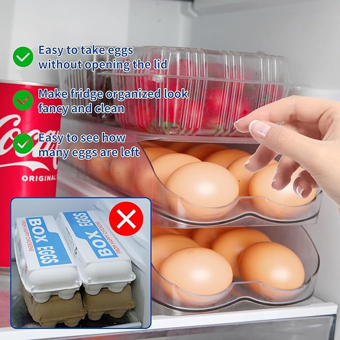 MesRosa Egg Holder for Fridge, Automatic Rolling Egg Organizer for Refrigerator, Clear Plastic Egg Container & Tray, Stackable Dispenser and Storage Bin with Sturdy Lid to Saving Space -3 Layer
