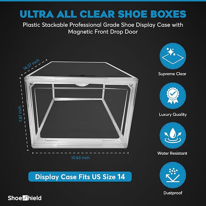 Ultra All Clear Shoe Boxes Plastic Stackable Professional Grade Shoe Display Case with Magnetic Front Drop Door Open Easy Assembly Modern Shoe Sneaker Display Case Fits US Size 14