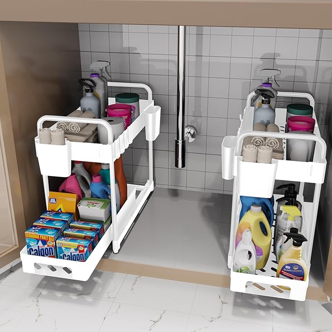 2 Pack Double-Layer Under Sink Organizer for Efficiently Utilizing Space, White