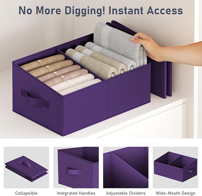 Large Closet Shelf Organizer Bins 8 Packs with Handles and Divider, Purple