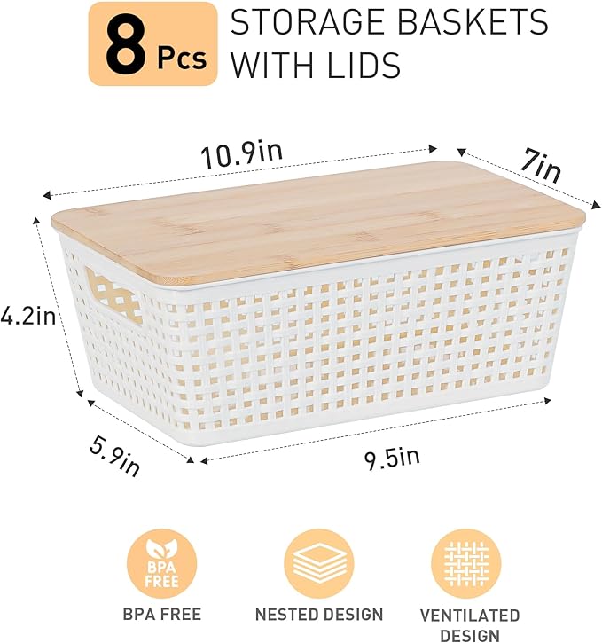 Storage Bins with Lids 8 Packs, Plastic Storage Bins with Bamboo Lids for Pantry Organization and Storage Containers for Shelves Drawers Desktop Closet Playroom Classroom Office Home, White