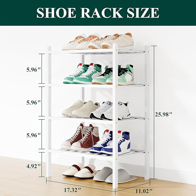 Smiry Small Bamboo Shoe Rack, 4 Tier Free Standing Wooden Shoe Organizer, Stackable Wood Shoe Storage Shelf for Closet, Entryway, 12 Vertical Slats, 2+2 Stack Standard Legs, 17.3"x11"x26", White