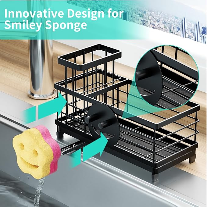 HapiRm Sponge Holder for Kitchen Sink - Self-draining Sink Caddy with Smiley Face and Brush Holder, Stainless Steel Kitchen Countertop Essentials and Gadgets - Black