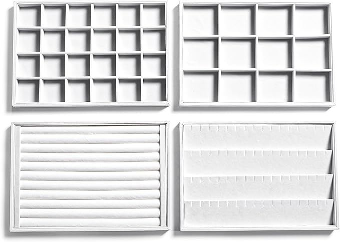 Frebeauty Stackable Velvet Jewelry Organizer Trays for Drawers Inserts Jewelry Storage Tray Display Case, Stud Earrings Bracelets Necklace Rings Accessories Trays for Women(Set of 4)(White)