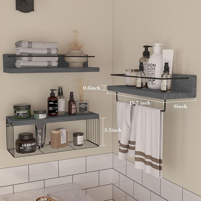 PopiShelves Bathroom Shelves Over Toilet for Wall, Floating Shelves with Storage Basket Paper Holer for Kitchen Living Room, Bedroom & Classroom, Set of 3 (Grey)