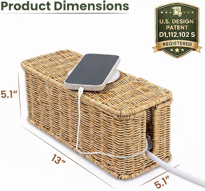 Cable Management Box, Handmade Rattan Cable Organizer with 2 Open Slots, Natural
