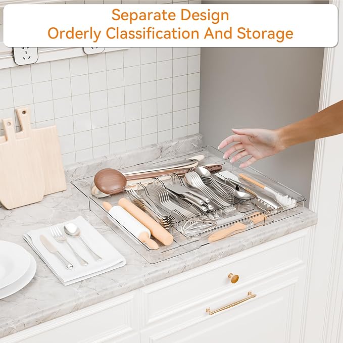 Clear Large Expandable Silverware Organizer and Kitchen Utensil Drawer Organizer
