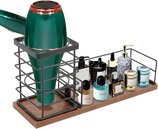 Hair Tool Organizer, Movable Hair Dryer Holder, 12" x 3.7" x 5.8", Wood-Black