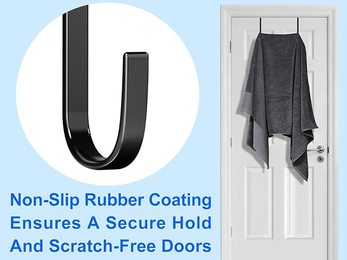 Over the Door Metal Hooks with Plastic Coating 1 Year Returnless Refund 5.5" Fit 0.5" to 1 3/8" Door 4 Pcs Heavy Duty Single Towel Robe Rack Wreath Bathroom Shower Hanger Shoe Organizer Ironing Board